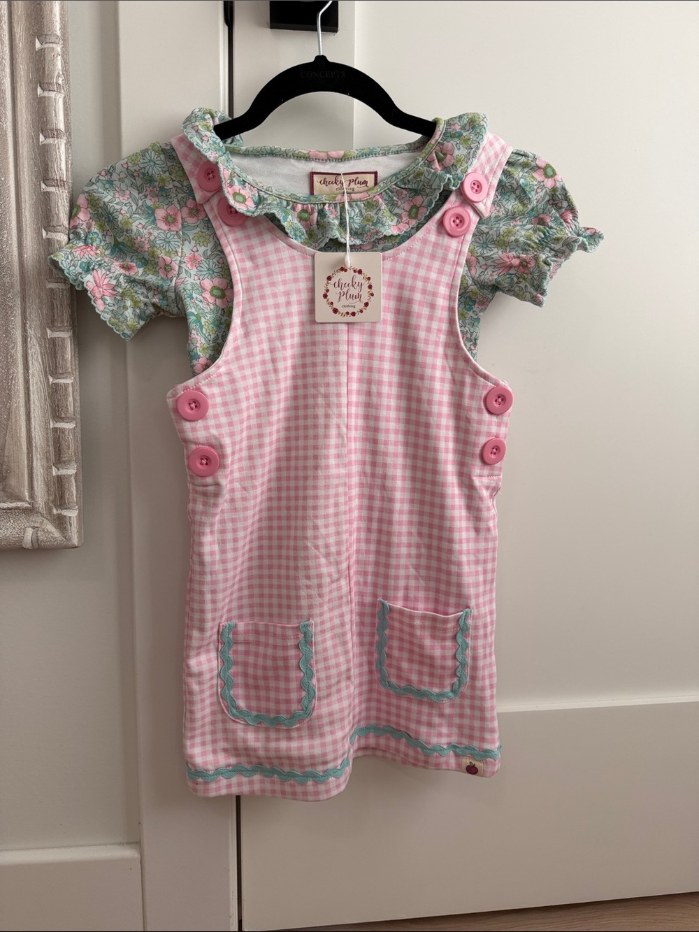 Jelly Beans Pink Gingham Pinafore with Floral Collar